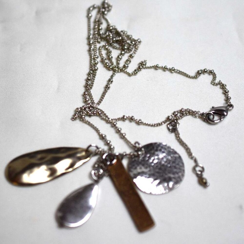 NIP Mixed Metal/Textures Silver/ Brass/Gold Tone Charms Beaded Chain 32"Necklace